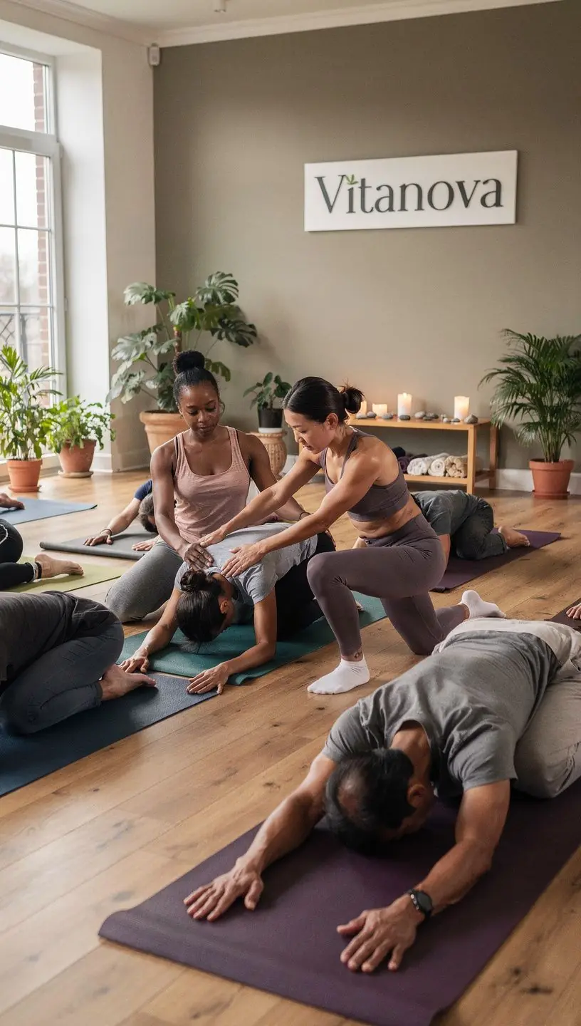 Groep mensen die deelnemen aan een meditatie- en ademhalingsoefening in een serene omgeving.